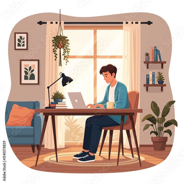 Fototapeta Freelancer working remotely at a cozy home office with coffee, plants, and laptop flat illustration vector style
