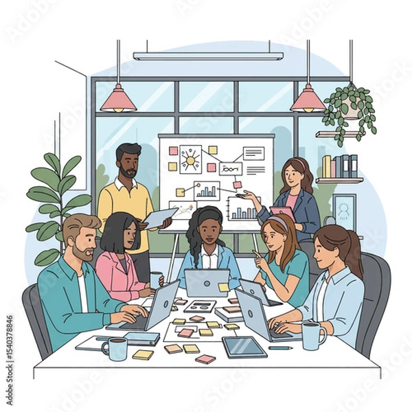Obraz A diverse team of professionals collaborating on a startup project in a modern office setting, flat vector style