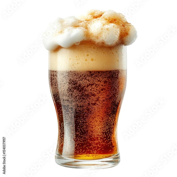 Fototapeta Refreshing dark beer with foamy head in a glass, isolated on transparent background, cutout PNG