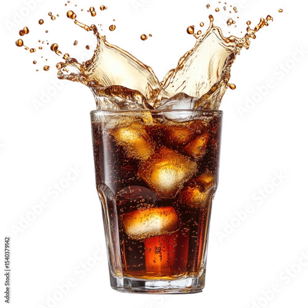 Fototapeta Refreshing cola drink splashing with ice cubes, isolated on transparent background, cutout PNG