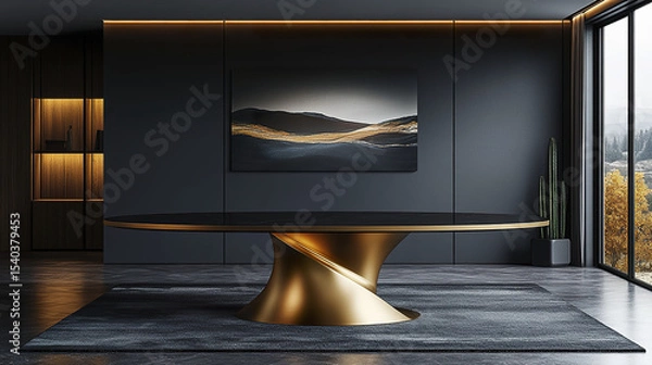 Obraz Elegant modern dining setup with round black table and golden base, creating luxurious