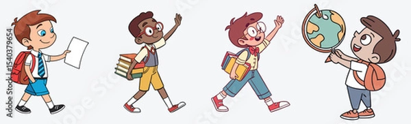Fototapeta Joyful school kids walking, reading, and exploring the world—perfect cartoon set for education, children’s books, and back-to-school designs vector.