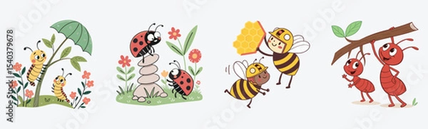 Fototapeta Charming cartoon insects—caterpillars, ladybugs, bees, and ants—working and playing together in nature. Perfect for kids' books, and learning!