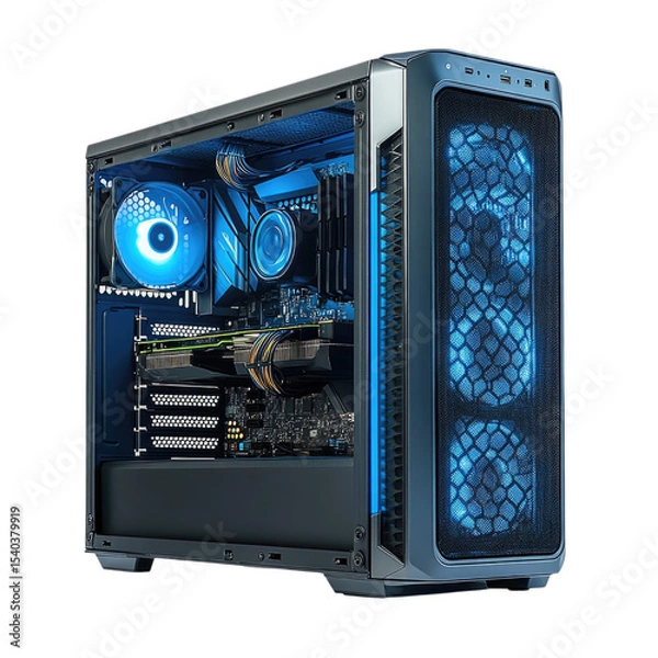 Fototapeta Modern gaming PC setup with blue LED lighting showcasing high-performance components isolated on transparent background, cutout png