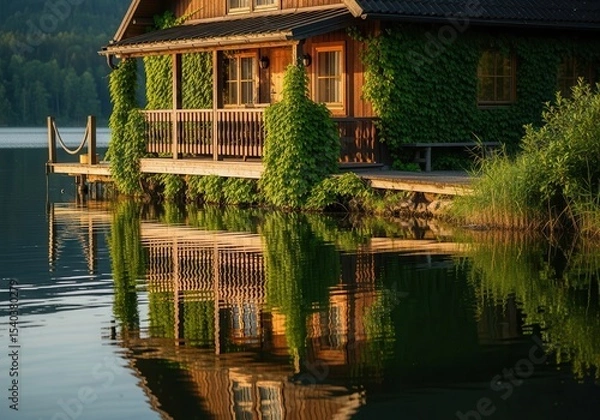 Obraz Lakeside cabin with ivy serene reflection at sunset