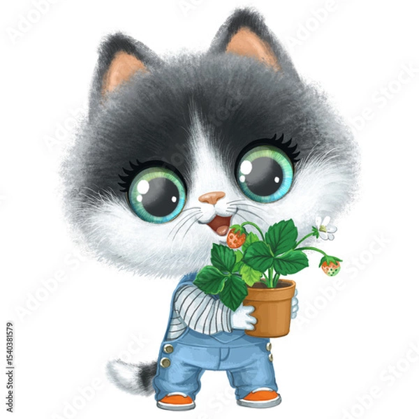 Obraz Cute cartoon Kitten with pot of strawberry on q white background