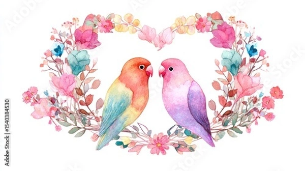 Obraz Heart-shaped floral wreath with two colorful birds
