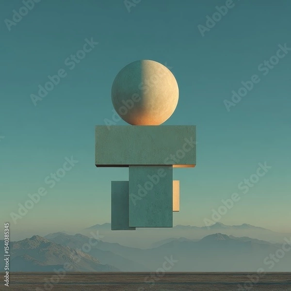 Obraz Abstract geometric sculpture with floating shapes and serene landscape