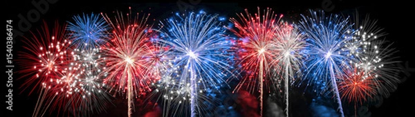 Obraz Independence Day 4th of July USA - Red blue white firework banner, sylvester new year's eve, new year fireworks isolated on black night sky texture