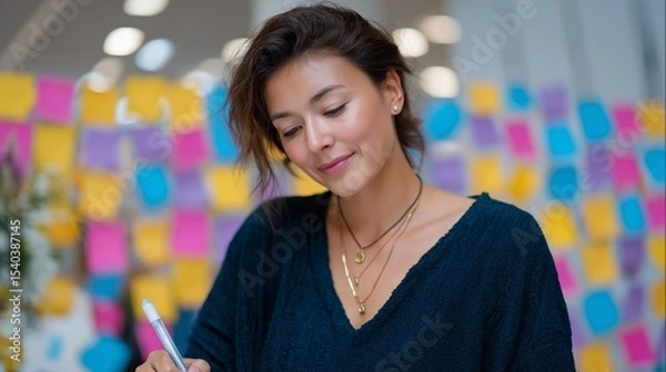 Fototapeta Young woman writing thoughtfully in a creative workspace surrounded by colorful notes