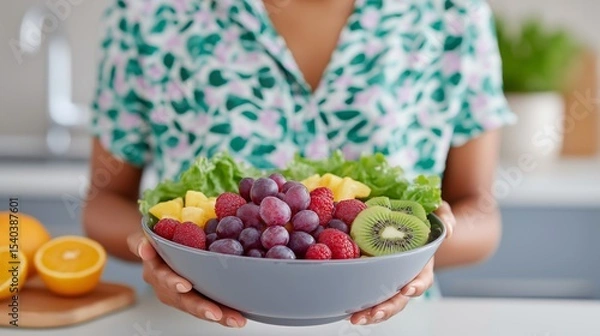 Fototapeta Fresh fruit salad preparation with a focus on health and nutrition in a bright kitchen