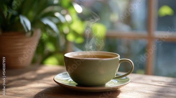 Fototapeta Warm cup of tea on a wooden table with steam rising in a cozy setting