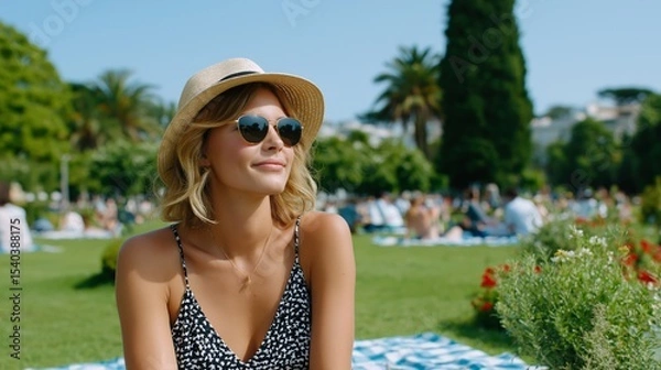 Fototapeta Young woman enjoying a sunny day in the park while wearing sunglasses and a hat