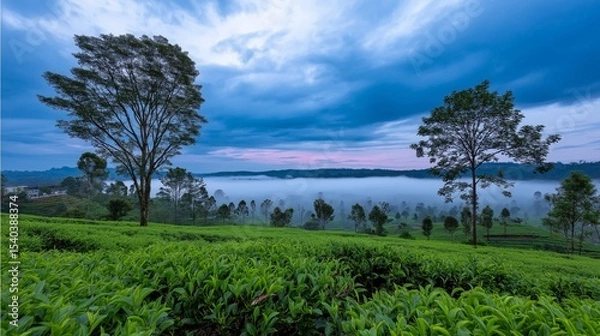 Fototapeta Lush tea plantation with foggy landscape at dawn in a serene valley setting
