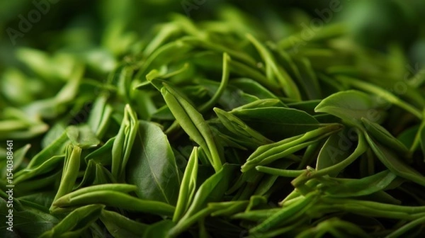 Fototapeta Fresh green tea leaves harvested in a serene garden setting during the morning hours