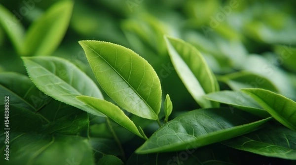Fototapeta Fresh green tea leaves captured in a lush tea plantation during daylight hours