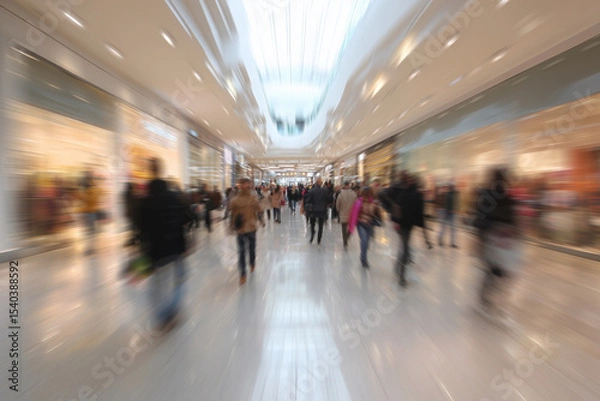 Fototapeta A busy shopping mall with people walking around and shopping. The image is blurry, giving it a sense of motion and activity
