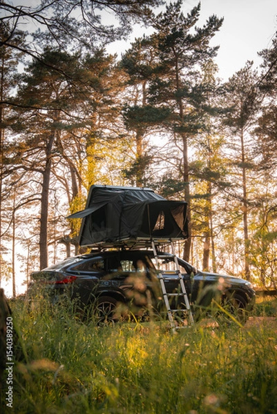 Obraz A modern SUV with a foldable rooftop tent and ladder is parked in a forest clearing. Tall pine trees and golden sunlight create a serene outdoor scene.