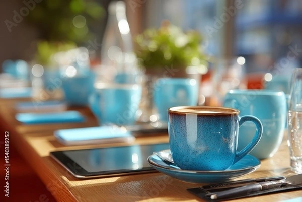 Obraz Elegant Coffee Setup at Conference Table for Productive Meeting with Stylish Mugs and Materials