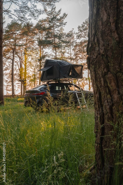 Obraz A modern SUV with a foldable rooftop tent is parked in a forest clearing. Tall grass, pine trees, and sunlight filtering through create a serene scene.