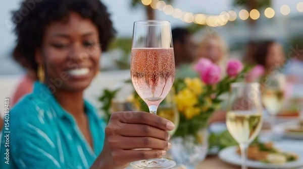 Fototapeta Celebrating with friends at a summer gathering with drinks and floral decorations