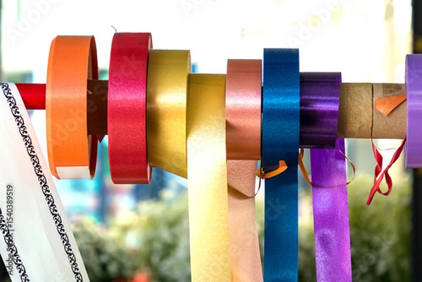Obraz Colorful decorative ribbon tapes on market for gift boxes packaging