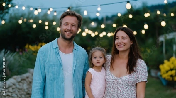 Fototapeta Family enjoys a joyful evening under string lights in a beautiful garden setting