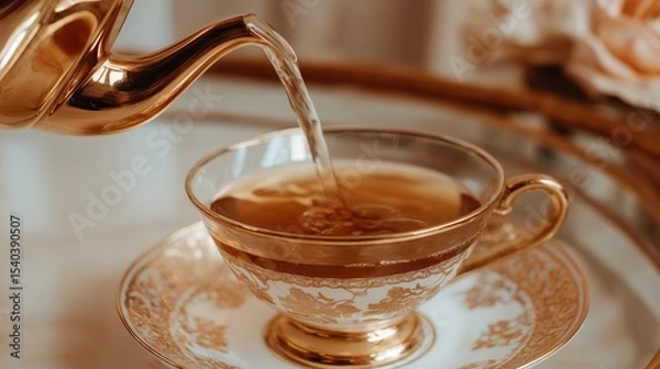 Fototapeta Elegant tea pouring into a fine china cup during a serene afternoon gathering