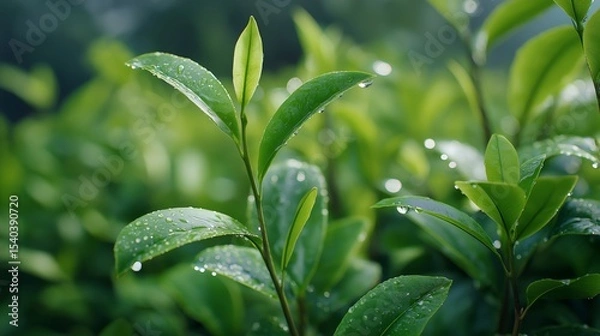 Fototapeta Close-up of fresh tea plant leaves glistening with dew in a lush green field at dawn