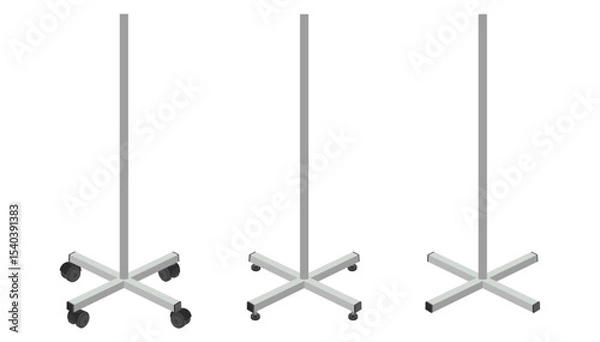 Fototapeta Set of metal medical or office pole stands with different types of caster wheels. Vector illustration of mobile and stationary support bases. Isolated on white background.