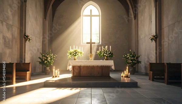 Obraz Serene Church Interior with Sunlight Through Window, Warm Wooden Pews and Altar