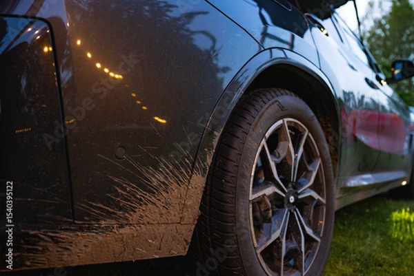 Obraz Rear view of a modern SUV with alloy wheels and mud splatters, parked on grass. Blurred trees in the background suggest a forest setting.