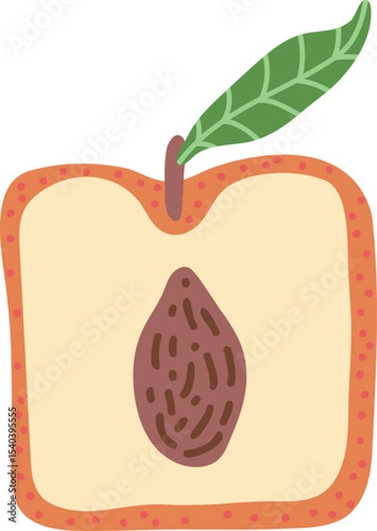 Fototapeta Artistic hand drawn illustration of square peach with leaf. Vector drawing of half of sweet fruit with seed and pulp isolated on white background. Drawing of summer vegan dessert for your printing.