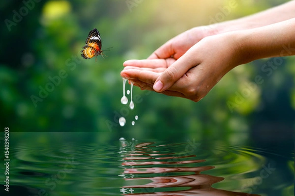 Obraz Environment Water Hands. Hands Holding Water Drops with Butterfly in Nature  Symbol of Peace and Harmony Gentle Hands Catching Water Droplets with Butterfly Nature Care and Tranquility