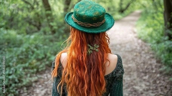 Fototapeta Woman with long red hair is wearing a green hat and walking on a path through a lush forest.