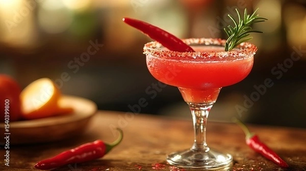 Fototapeta A red cocktail drink sits on a wooden bar, garnished with chili pepper and rosemary.