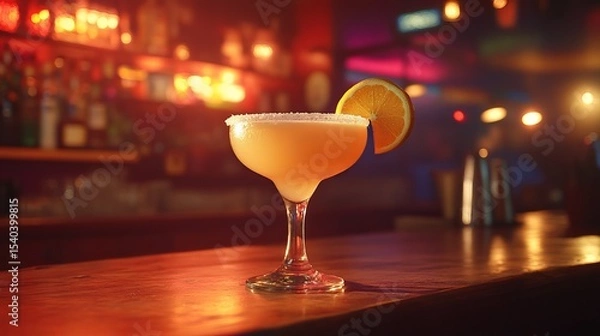 Fototapeta A cocktail sits on a wooden bar with an orange slice and sugar rim in front of blurred shelves and lights.