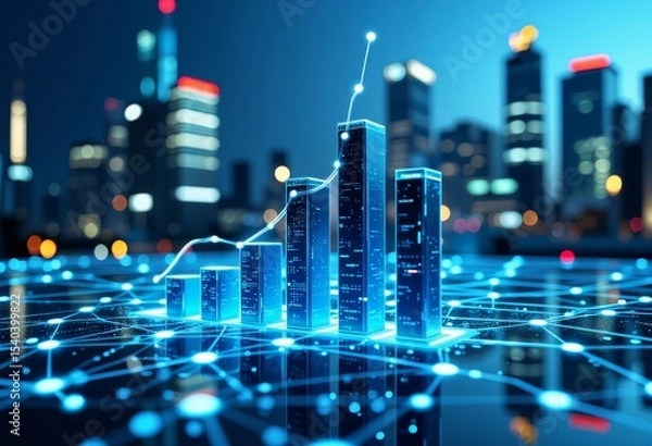 Obraz Futuristic Cityscape Digital Growth Bar Graph Network Technology Data Innovation