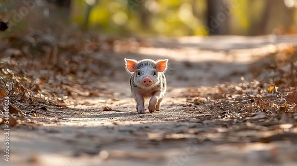 Fototapeta A small piglet trots along a dirt path covered with leaves in a sunlit forest. - high quality A small piglet trots along a dirt path covered with leav
