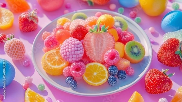 Fototapeta Assorted colorful fruits are arranged on a white plate with various pastel candies around them against a pink background.