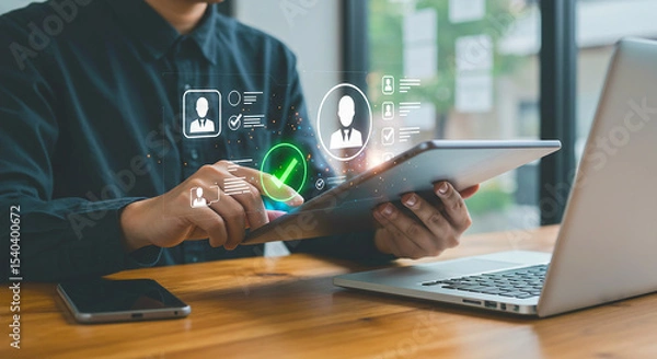Fototapeta Person using tablet with digital interface and laptop on desk in an office environment at daytime