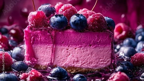 Fototapeta Berry cheesecake is sitting surrounded by raspberries and blueberries with a viscous pink liquid throughout!