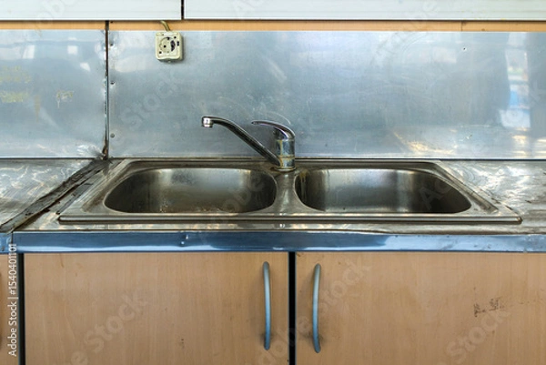 Obraz Dirty empty double sink inside restaurant kitchen interior