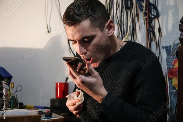 Obraz A master technician performing screen gluing on a phone, using specialized electronics tools and wipes. Expert screen gluing in action