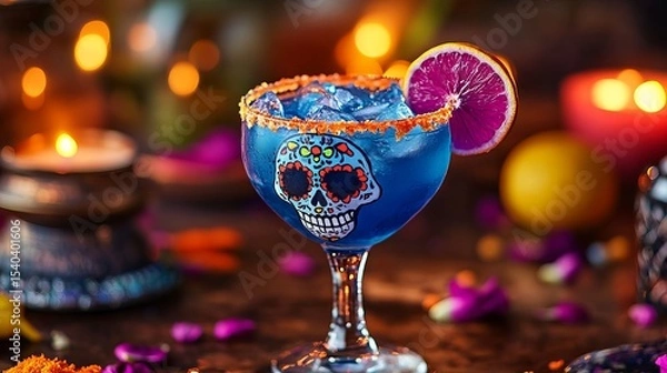 Fototapeta Blue margarita with sugar skull decoration is garnished with orange slice and sitting on wooden surface with candles and petals.