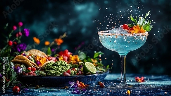 Fototapeta Blue margarita cocktail with salt rim is decorated with orange flowers and served with vibrant tacos on a dark blue surface.