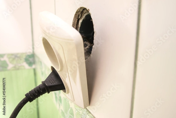 Obraz Broken electric socket in a house or apartment, showing the danger of an exposed power outlet that needs repair. A hazardous broken plug socket in a bathroom or house