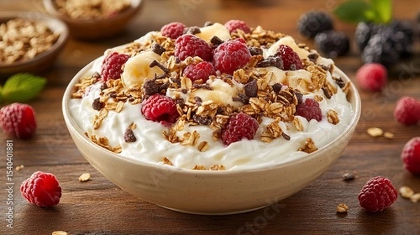 Fototapeta Bowl of yogurt is topped with granola, raspberries, chocolate chips, and banana slices on a wooden surface.
