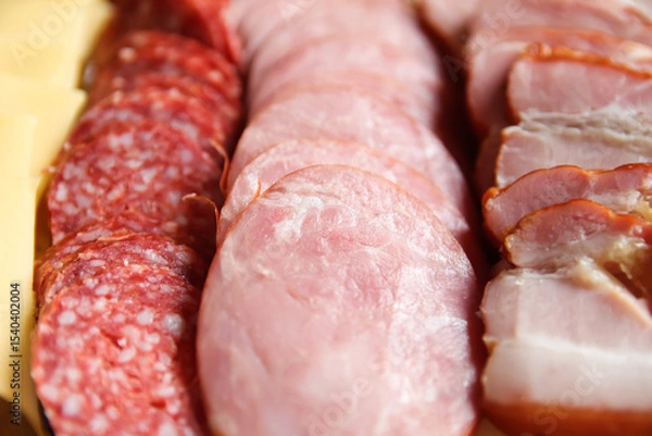 Obraz Top view close-up of an assorted set of sausage and sliced ham on a board, perfect for a breakfast concept. A delicious assortment of sliced sausage and ham laid out on a board
