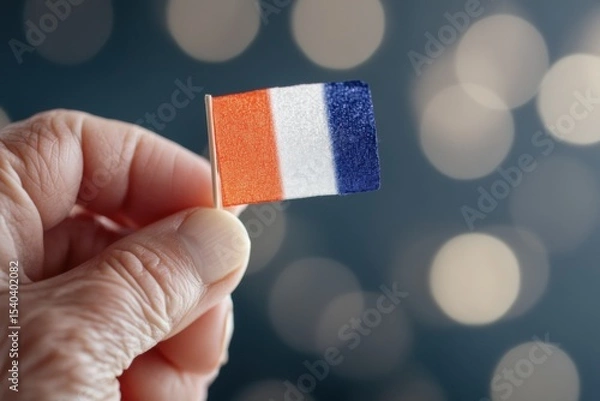 Fototapeta A hand holding a small flag with red, white, and blue stripes